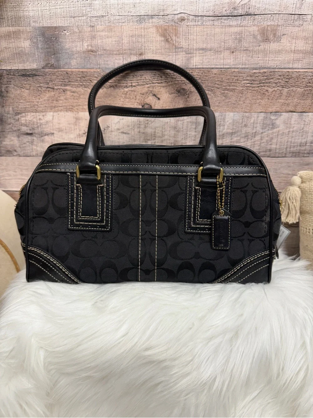 Coach Black On Graphite Signature Print Satchel N/A